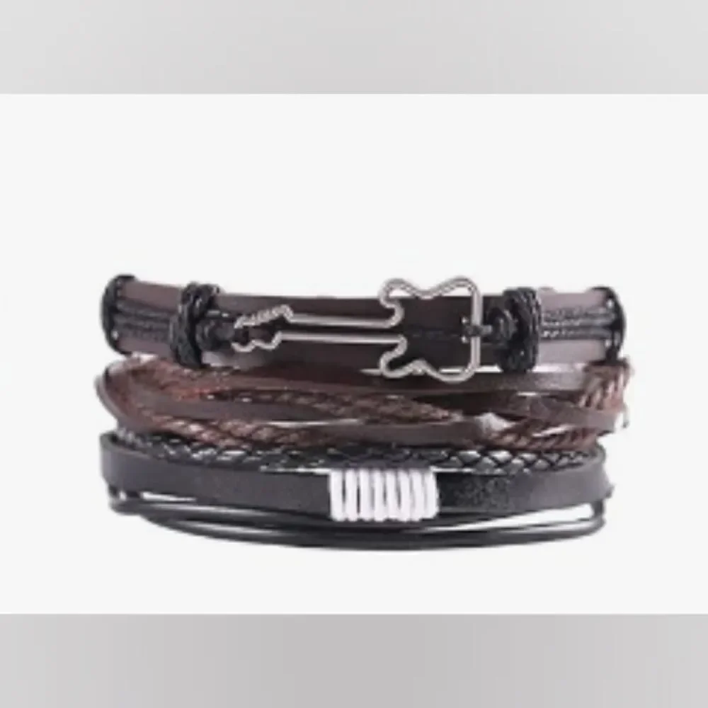 3pc Men's leather bracelets‎ set layered guitar braided brown new e34